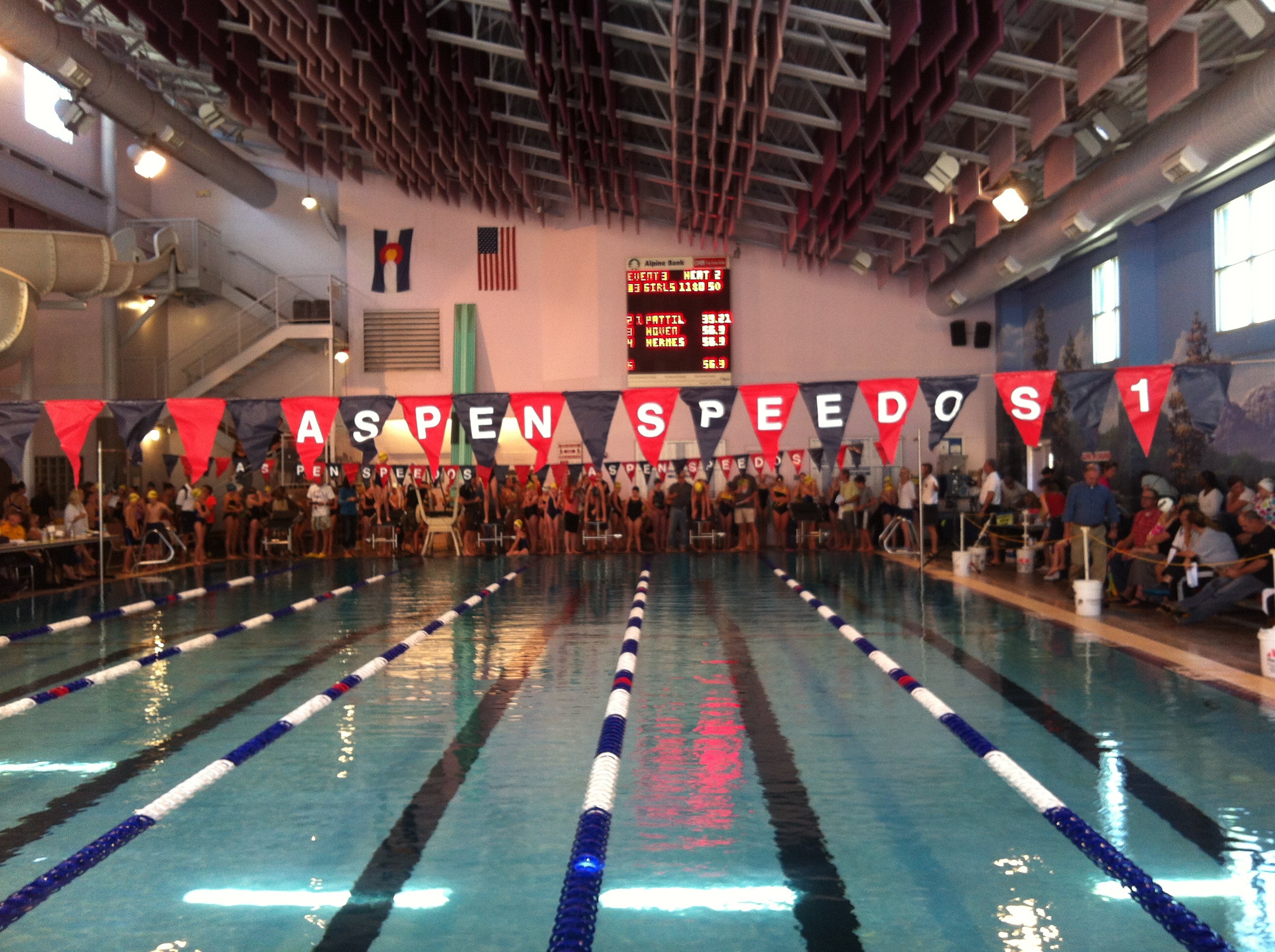 This is what the pool looks like during a meet. I limit my swimming to when there are no buzzers, timers or jeering crowds