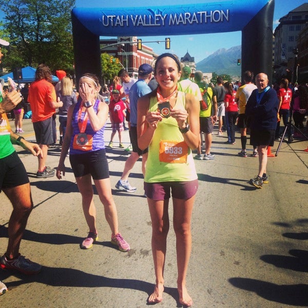 I’m not wearing shoes in the picture because of some pretty crazy blisters that developed at mile 4 of the race.