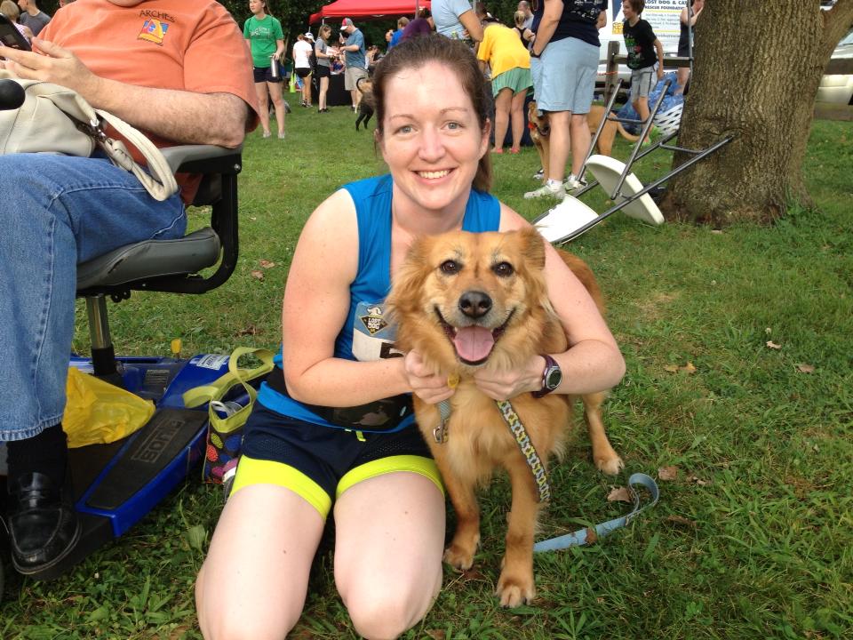 With my parents' dog at my first 5K in August 2013.