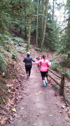 Mirna and the PR Director of the Providence Health trail running in Forest Park.