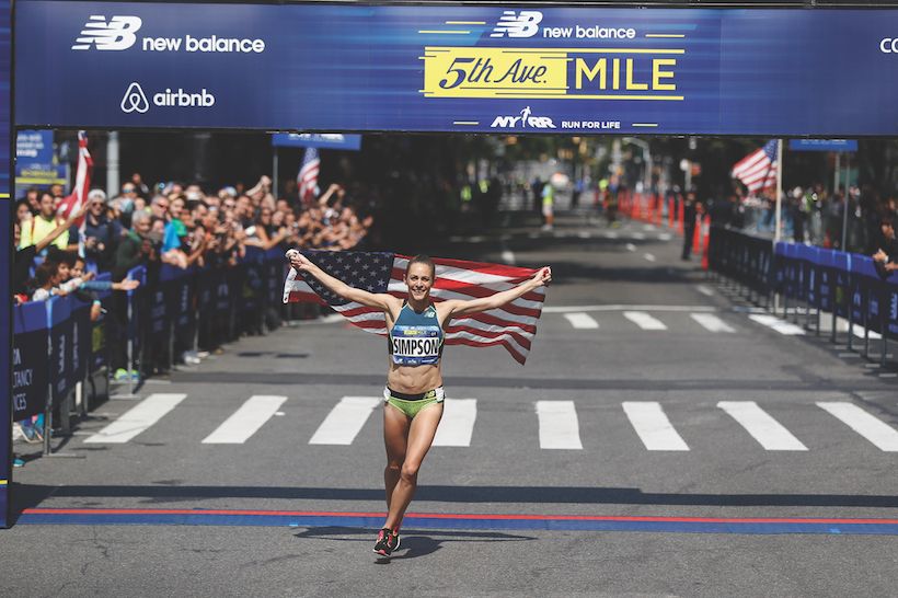 Jenny Simpson after winning the New Balance 5th Avenue Mile in 2017. Photo by NYRR.