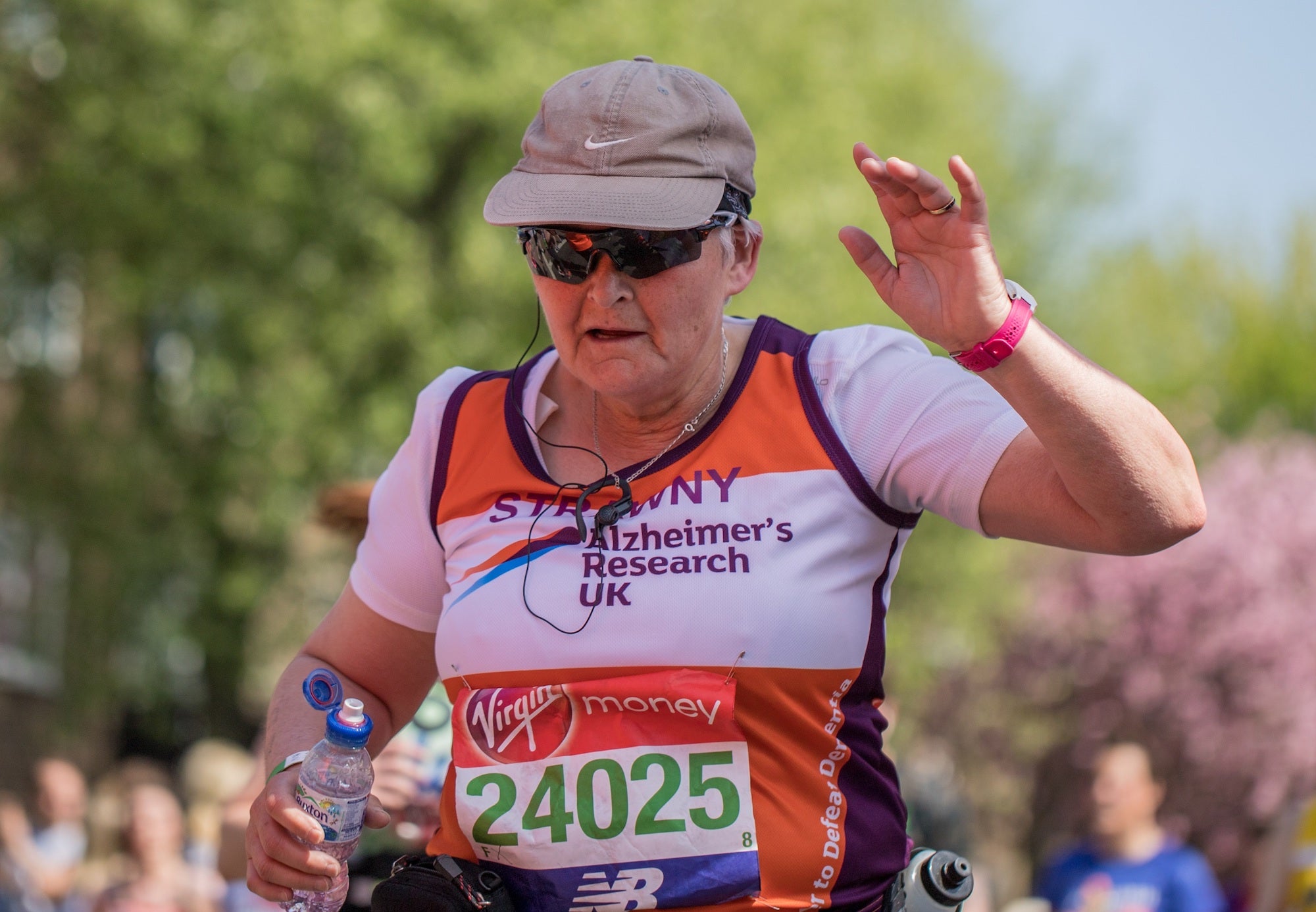 Photo of Sue Strachan racing the 2018 London Marathon taken by Tim Parry and provided by Sue Strachan.