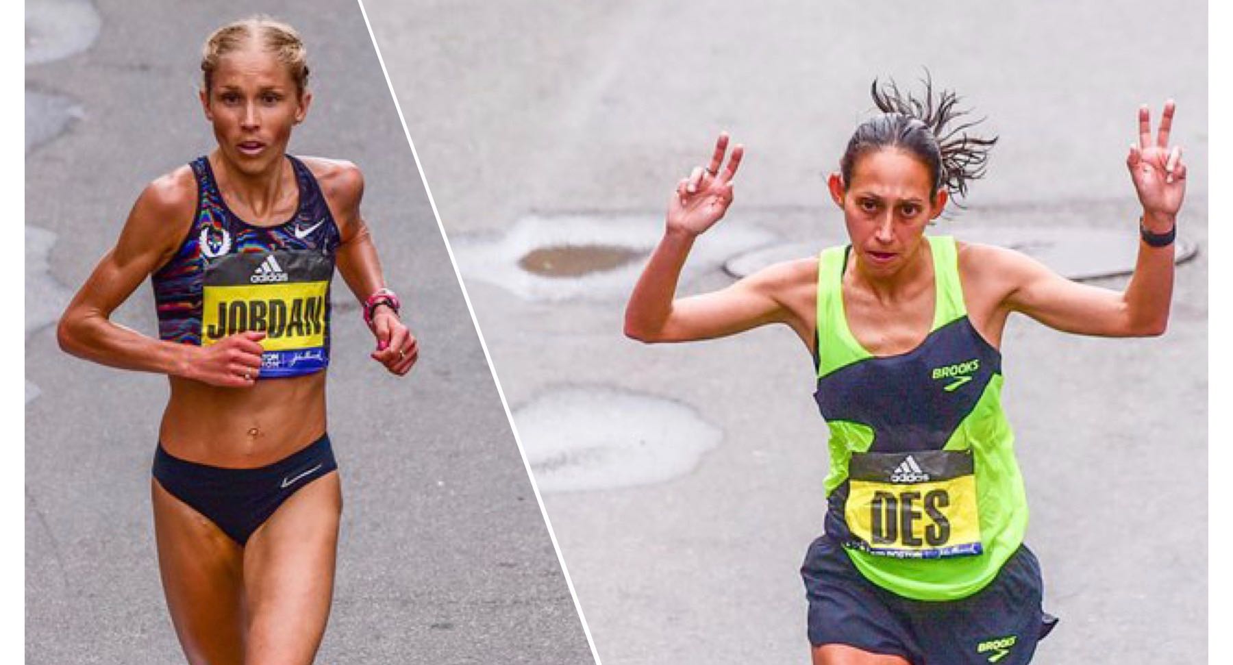 PHOTOS: Mike Scott
Jordan Hasay and Desiree Linden approach the finish of the 2019 Boston Marathon.