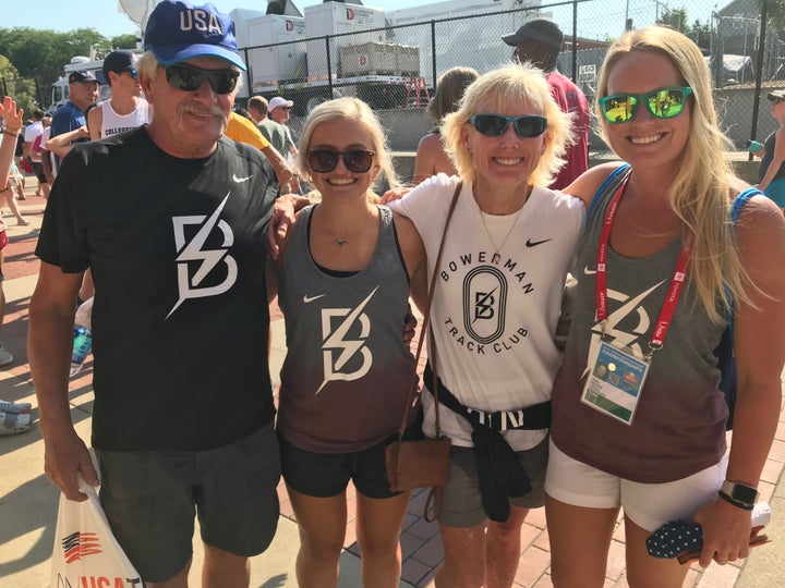 Shelby Houlihan's family (from left to right: Dad, Bob Houlihan; younger sister Callie; mom Connie; older sister Shayla) root for Shelby at the U.S.A. Track & Field Outdoor Championships.