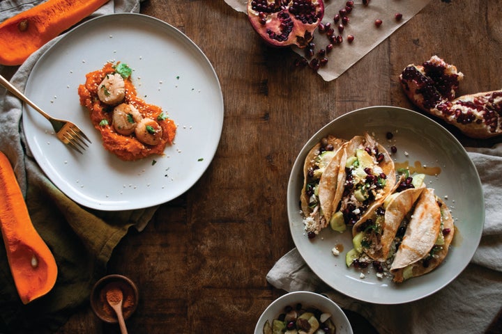 Fall season easy weeknight dinners: Seared Scallops with Curry Butternut Hash and Chicken Tacos with Pomegranate Hash.