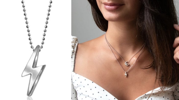 Silver lightning bolt necklace close-up and on model