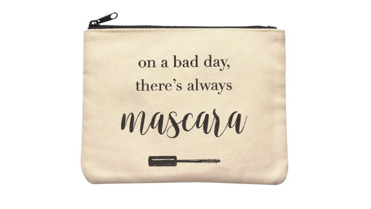 Canvas bag with words, "on a bad day, there's always mascara"