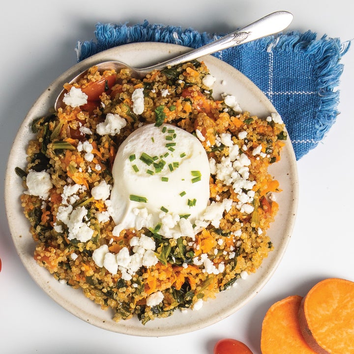 An egg recipe that includes sweet potato quinoa bowl with poached egg on top
