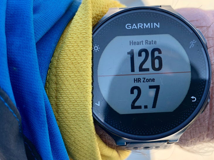 Garmin watch showing heart rate and zones
