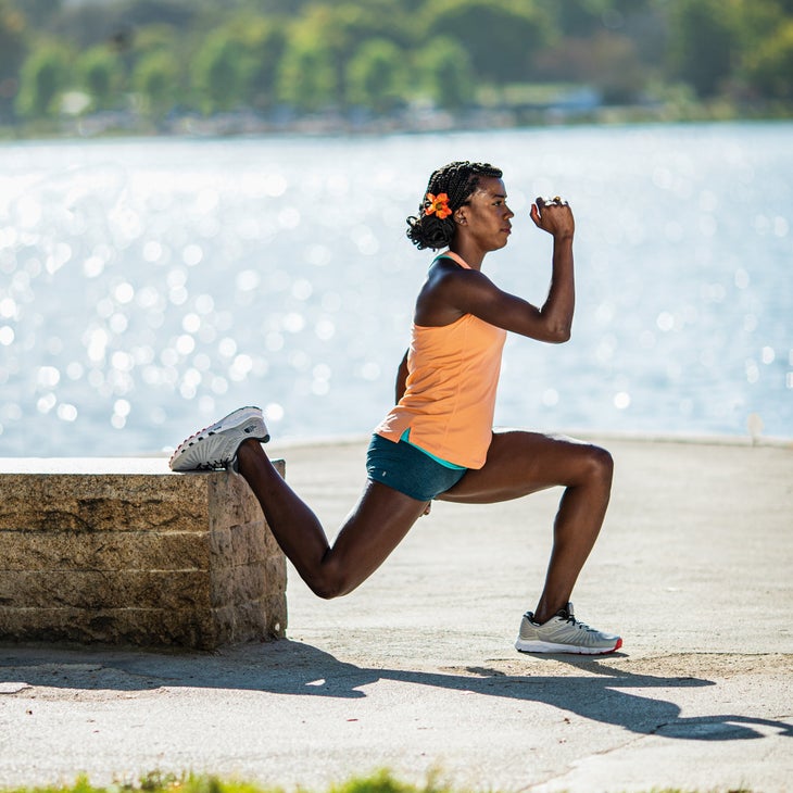 Alysia Montano demonstrating a rear foot elevated split squat