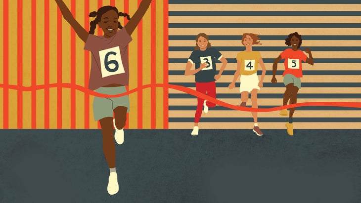 Girl crossing finish line; how a coach supports young athletes is a factor that affects body image