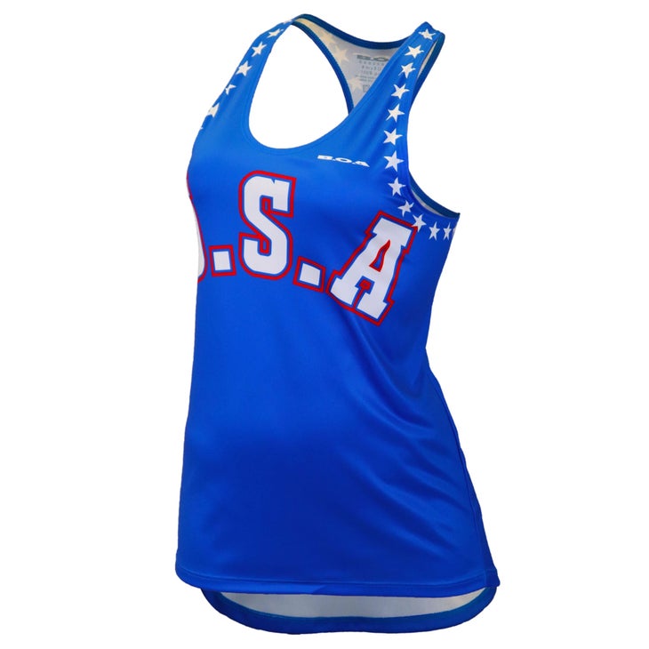 Royal blue tank top with USA in big letters on front and stars around arm holes