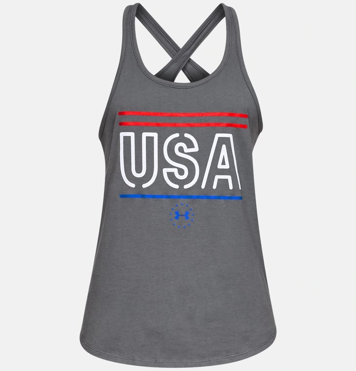 Gray women's tank top with USA in white on front and red and blue lines above and below