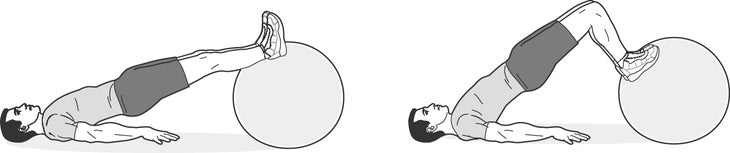 Illustration of man performing leg curls with a ball under his feet