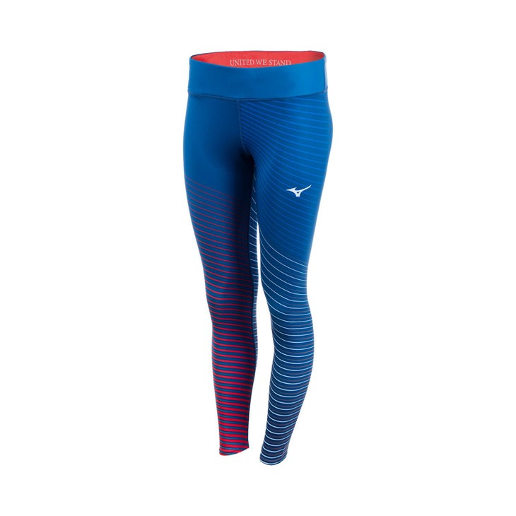 Blue tights with light blue and red stripes on lower legs