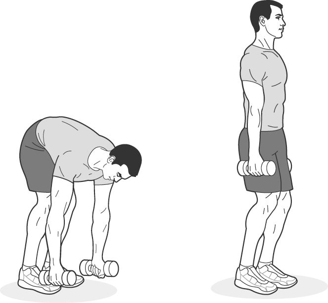Illustration of a man performing RDLs with dumbbells