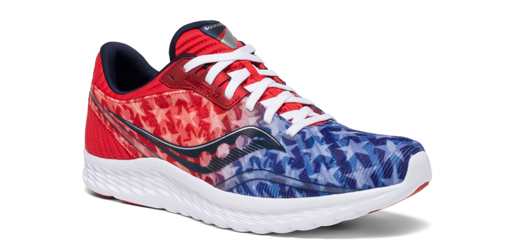 Red and blue shoe with stars overlayed and white laces and sole