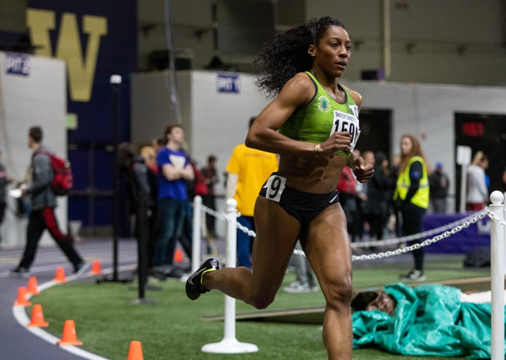 Chanelle Price competes indoors at the University of Washington