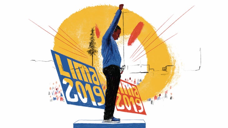 Illustration of Gwen Berry raising her fist on the podium at the Pan Am Games