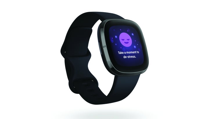 Black smartwatch with purple emoji resting face