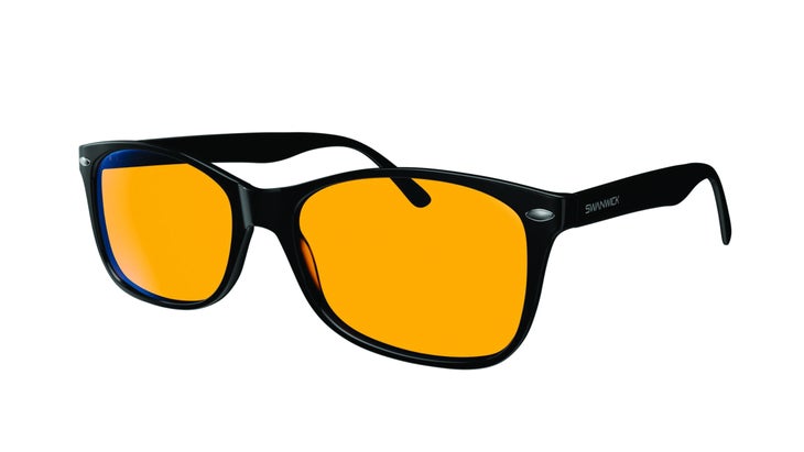 Black glasses frames with blue light-blocking yellow lenses, helpful for sleep