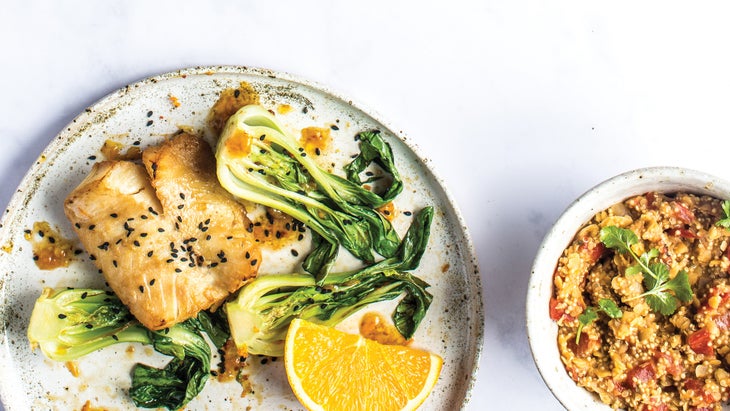 A plate for miso-glazed cod and a bowl of Moroccan quinoa