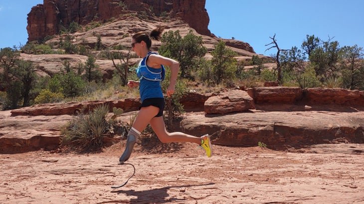 Jacky Hunt, amputee ultramarathoner, pictured running in Arizona, is an expert in resilience training