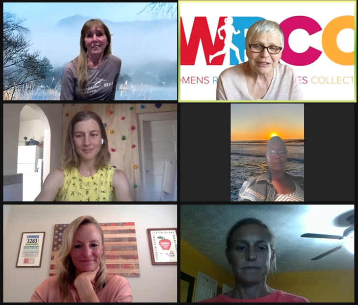 Screenshot of webinar featuring Clockwise, from top right: Charlotte Lettis Richardson, Shelia Burrell, Amy Yoder Begley, Shalane Flanagan, Lauren Fleshman, Laura Caldwell