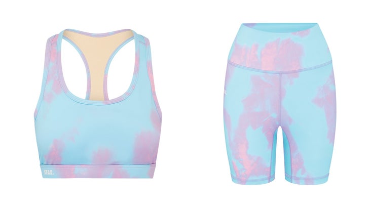 Marbled pastel blue and purple crop top and compression shorts
