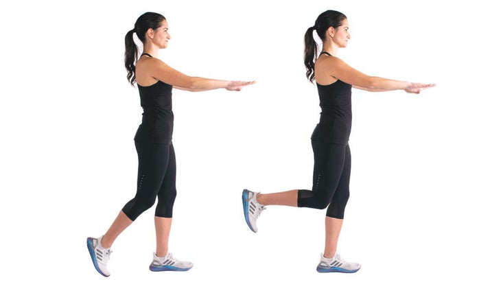 Woman demonstrating Heel to Sky Pulses as part of a quick warm up