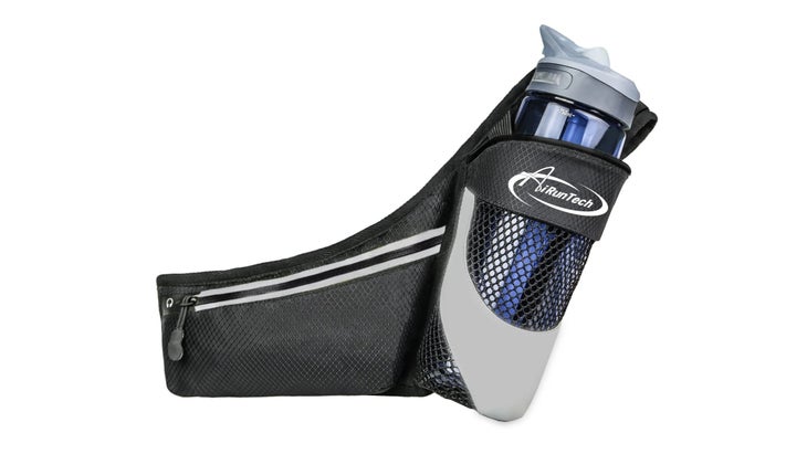 Black running belt with water bottle