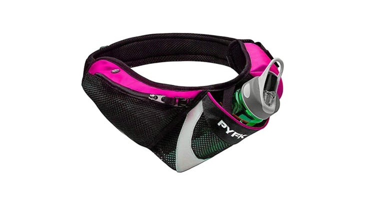 Black and pink running belt with water bottle
