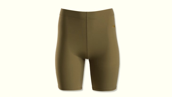 Olive green bike shorts with a longer hem line