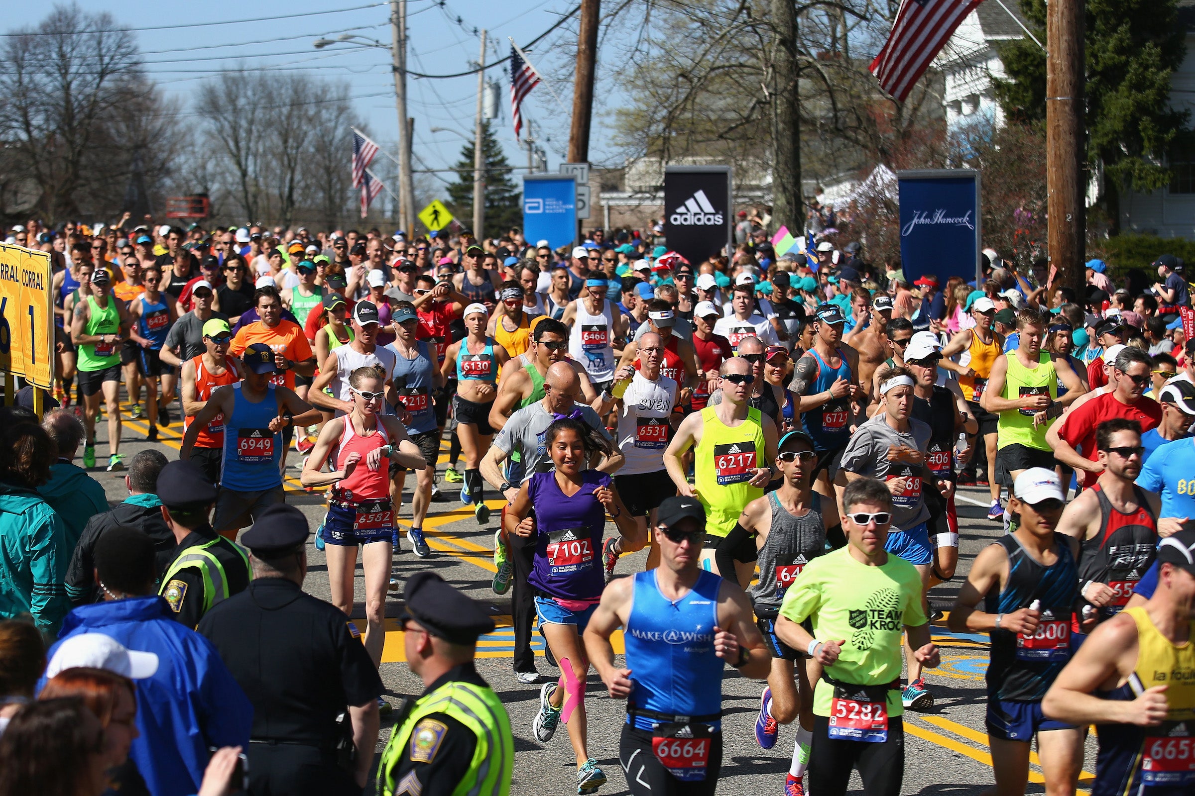 A large group of runners during the Boston Marathon