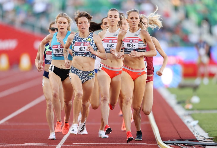 Nikki Hiltz and Cory McGee compete in the Women's 1500 semi-finals on day 2 of the 2020 U.S. Olympic Track & Field Team Trials at Hayward Field on June 19, 2021 in Eugene, Oregon.