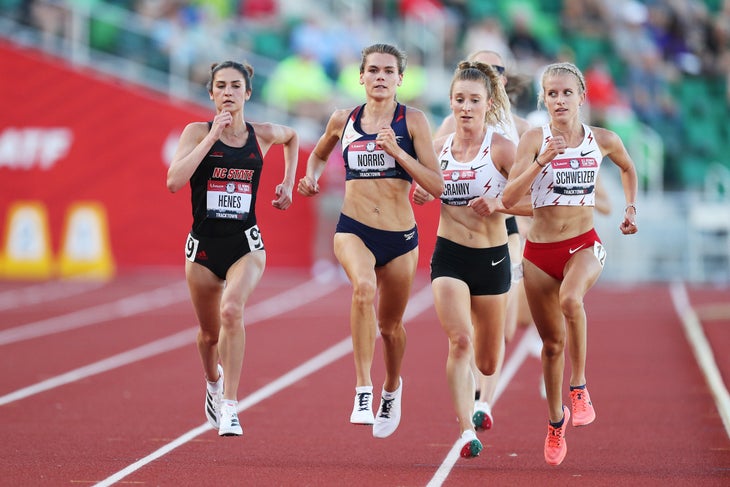 Elly Henes, Josette Norris, Elise Cranny and Karissa Schweizer run in the first round of the Women's 5000 Meter during day one of the 2020 U.S. Olympic Track & Field Team Trials at Hayward Field on June 18, 2021 in Eugene, Oregon.