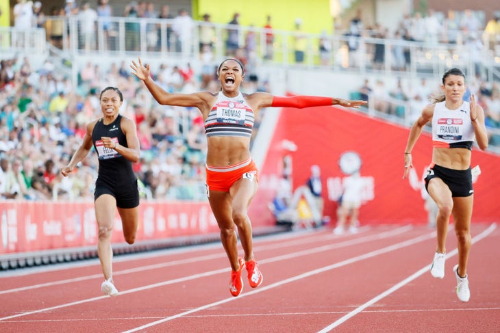 Gabby Thomas crosses the finish line ahead of Allyson Felix and Jenna Prandini in the Women's 200 Meters Semi-Final on day nine of the 2020 U.S. Olympic Track & Field Team Trials at Hayward Field on June 26, 2021 in Eugene, Oregon.