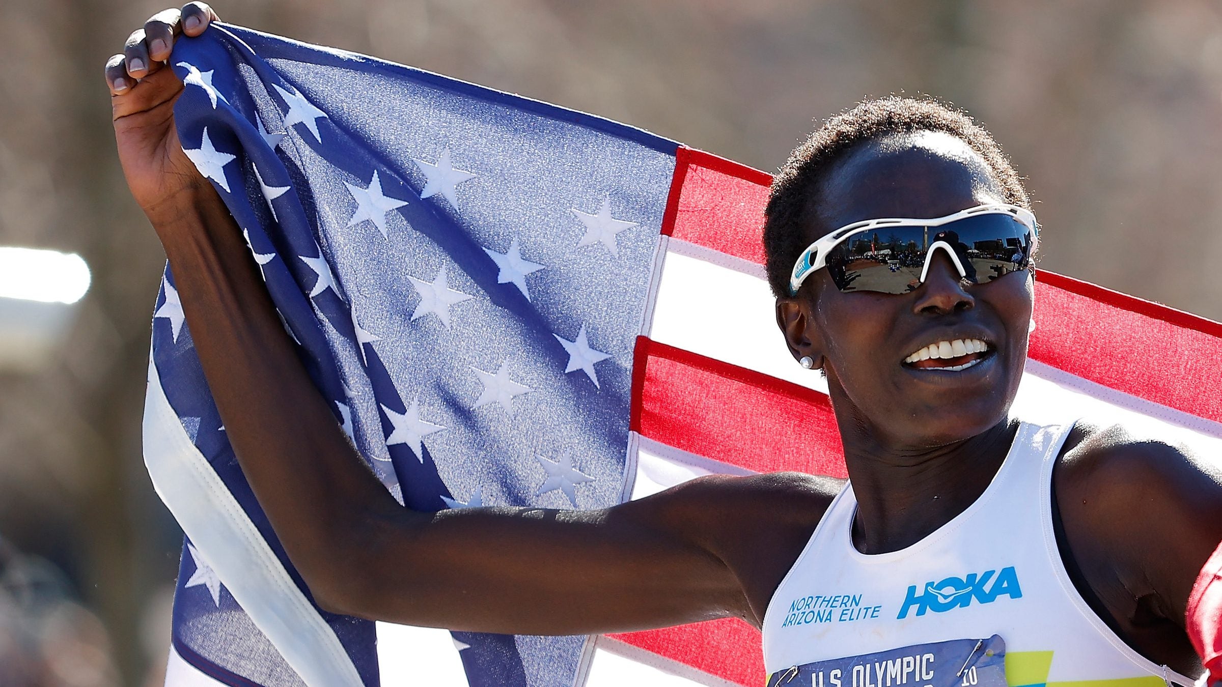Aliphine Tiliamuk reacts after winning the Women's U.S. Olympic marathon team trials on February 29, 2020 in Atlanta, Georgia. (Photo by Kevin C. Cox/Getty Images)