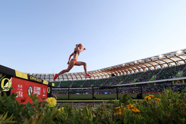 Emma Coburn competes in the Women's 3000 Meter Steeplechase at the 2021 Olympic Trials