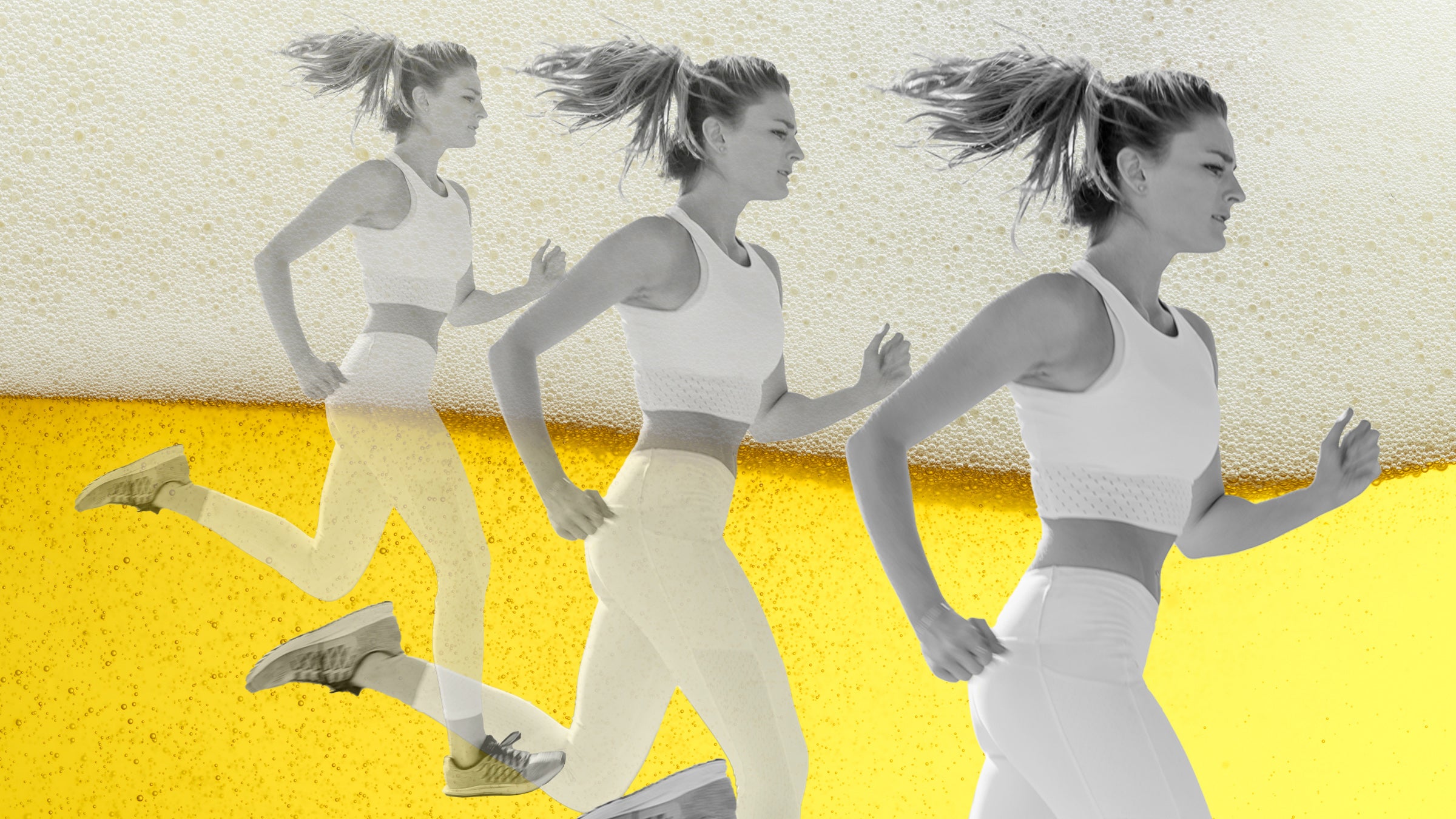 woman running over background of beer, symboling the rise of alcohol and exercise going hand-in-hand
