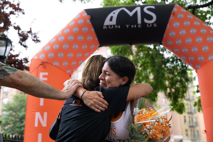 Liz DeLuca embracing her aunt at the finish line of an MS Run