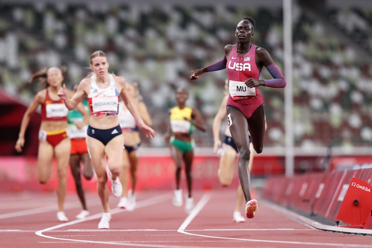 Athing Mu of Team United States reacts after winning the gold medal in the Women's 800m Final at Tokyo Olympics