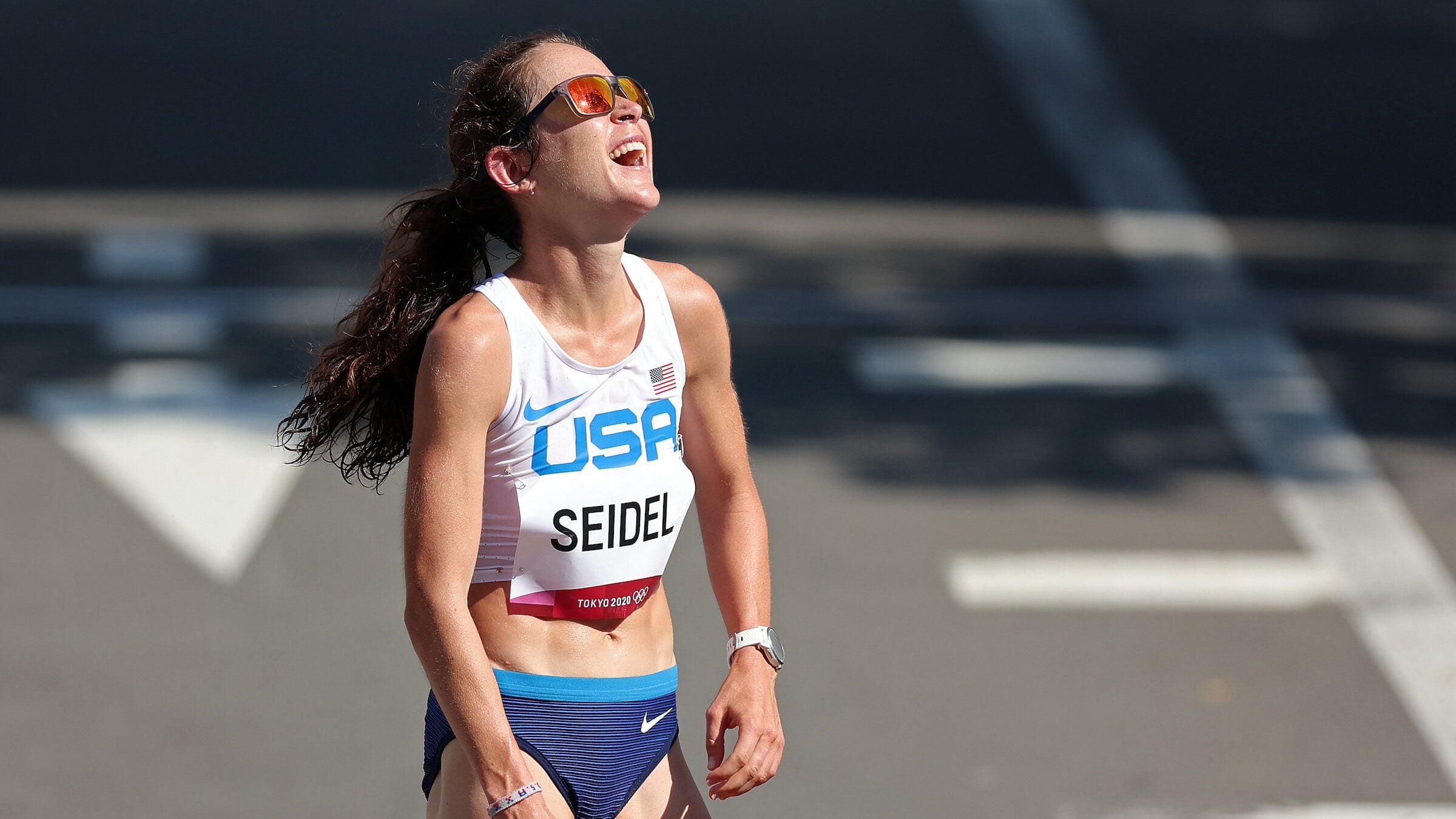 Molly Seidel of Team United States reacts after winning the bronze medal in the Women's Marathon Final on day fifteen of the Tokyo 2020 Olympic Games at Kasumigaseki Country Club on August 07, 2021 in Kawagoe, Japan. (Photo by Lintao Zhang/Getty Images)