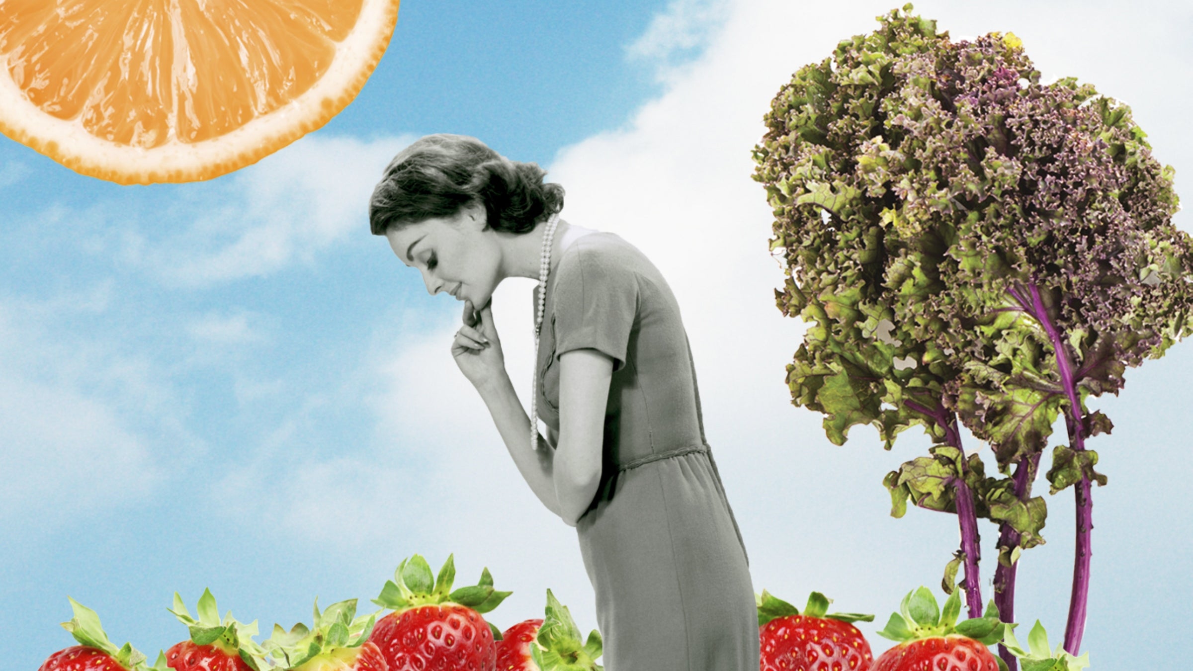 black and white image of a woman over colorful foods to eat in your 40s