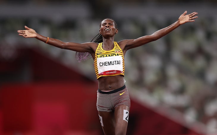 TOKYO, JAPAN - AUGUST 04: Peruth Chemutai of Team Uganda celebrates as she wins the gold medal in the Women's 3000m Steeplechase Final on day twelve of the Tokyo 2020 Olympic Games at Olympic Stadium on August 04, 2021 in Tokyo, Japan.