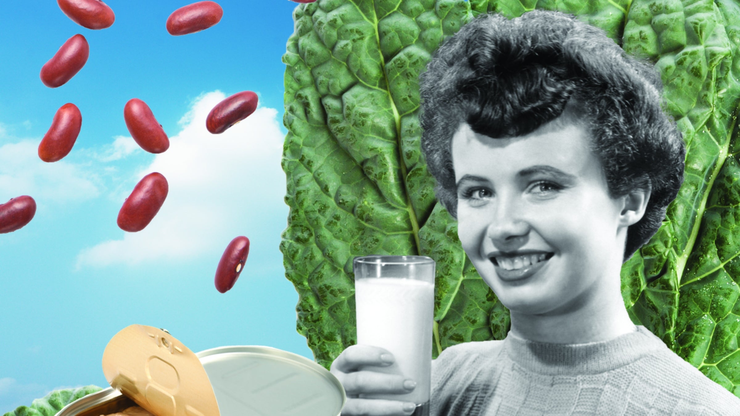 Black-and-white image of girl getting the right teen nutrition over color composite of food