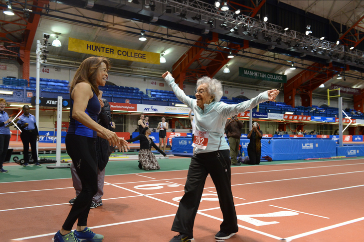 Ida Keeling celebrating a track race with her daughter