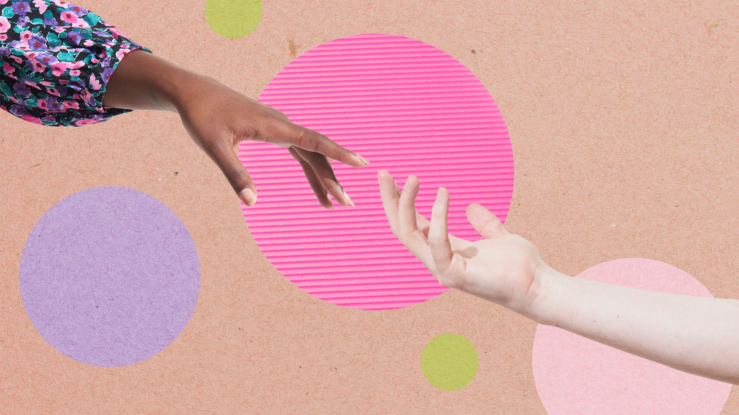Hands reaching toward one another over colored circles on brownish background; concept for eating disorder recovery