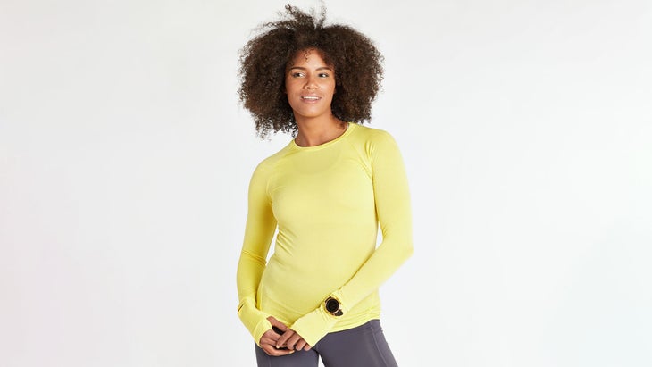 Yellow Oiselle Flyout Longsleeve top is a great piece of affordable workout clothing