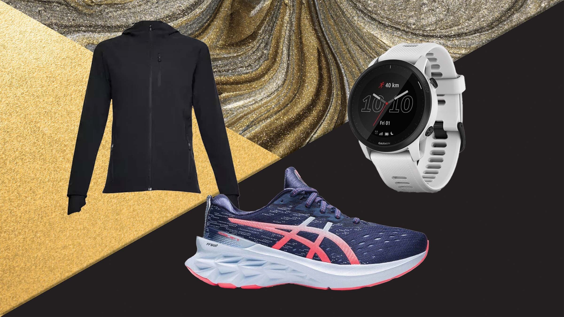 best gifts for runners holiday gift guide including garmin watch, asics shoes, under armour jacket